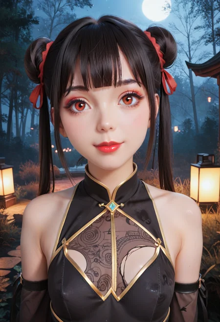 score_9, score_8_up, score_7_up, score_6_up, score_5_up, 1girl, child, kid, black hair, double bun, hair bun, twintails, long hair, ((blunt bangs)), mole under eye , [hair ribbon], sidelocks, red eyes, makeup, smooth lipstick, red lips, bare shoulders, black thighhighs, torn thighhighs, thigh strap, platform footwear, china dress, chinese clothes, sleeveless dress, black clothes, transparent clothing, design on attire, elbow gloves, black gloves, detached sleeves, black sleeves, choker, jewelry, gold trim, pelvic curtain, small breasts, perfect hands, outdoors, night, tree, forest, lantern, close up, cowboy shot, portrait, smile, upper body, masterpiece, 32K HD, detailed eyes, wet clothes, shiny skin, showing lots of skin, steamy air, wide lens, perfect eyes, realistic, photorealistic, textured skin, huge anime eyes, realism, fcNeg, fcHeatPortrait <lora:Spider_Ghost_Xaio_Zhu_-_Soul_Dossier:0.4> <lora:huge_anime_eyes:5>