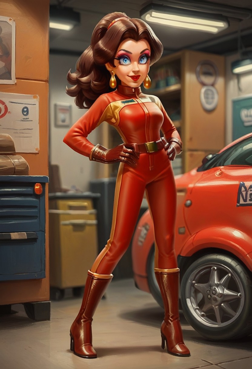 score_9_up, score_8_up, score_7_up, score_6_up, 1girl, solo, A3ro_Paul1ne, brown hair, long hair, ponytail, blue eyes, red lips, eyeshadow, earrings, bodysuit, red gloves, belt, red high heel boots, hands on hips. smile, garage interior, realistic