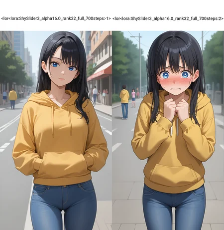 score_9,source_anime,anime style,<lora:Breast Slider - Pony_alpha1.0_rank4_noxattn_last:0>,<lora:Nipple Size Slider_alpha1.0_rank4_noxattn_last:-0.5>,<lora:d3t41l3dXLP:0.35>,|<lor<lora:ShySlider3_alpha16.0_rank32_full_700steps:-1>,looking at viewer,embarrassed, black hair,long hair,,outdoors,in public,medium breasts,blue eyes,jeans,denim,yellow hoodie