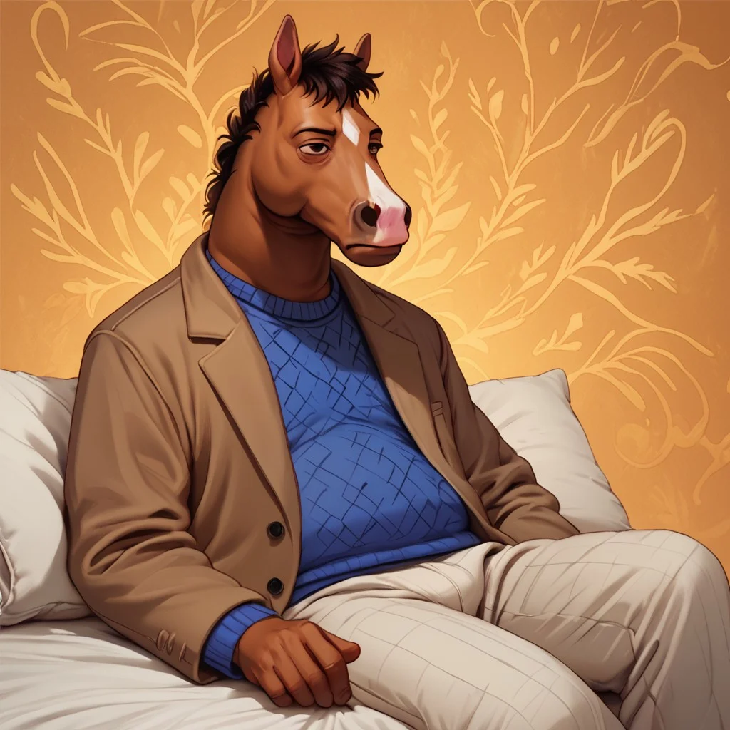score_9, score_8_up, score_7_up, detailed background, sitting on bed,  <lora:Bojack_Horseman:1.0> bojack horseman, 1boy, solo, sweater, jacket, plump