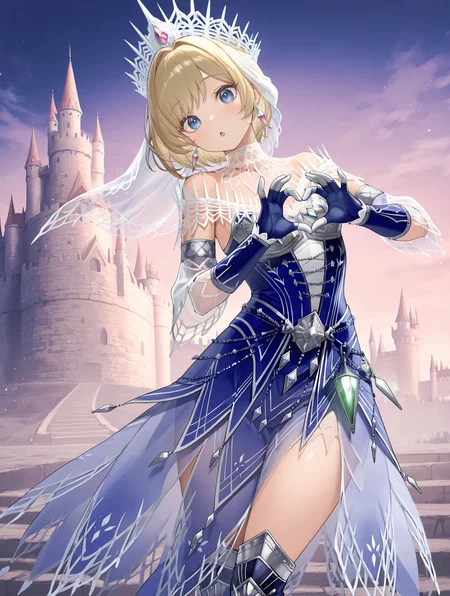 velkhana armor,blue long dress,1girl,solo,blonde hair,head tilt,looking at viewer,heart hands,blue thigh boots,silver crown,blue gloves,standing,short hair,silver earrings,castle,leaning to the side,veil, :o
masterpiece,best quality,amazing quality,very aesthetic,absurdres,newest,<lora:Velkhana Armor Beta illuXL v1.1:0.77>,side,