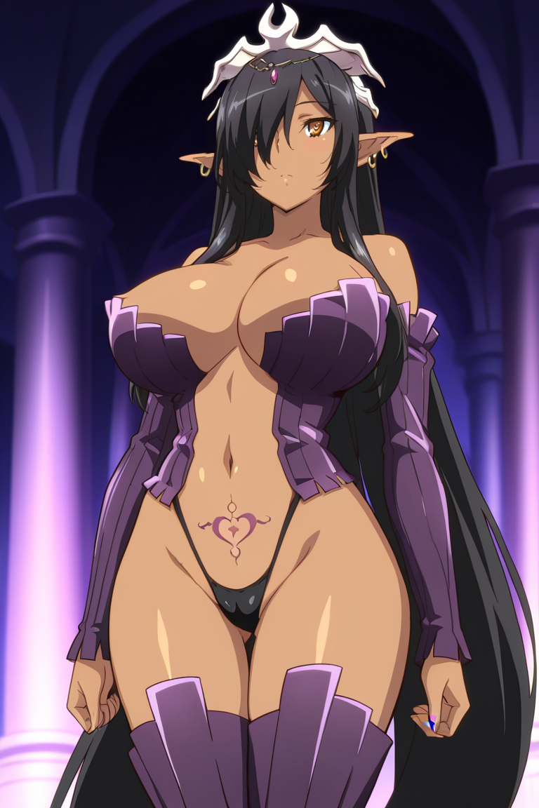masterpiece, best quality, ,source_anime, , , 1girl, pubic tattoo, solo, dark-skinned female, dark skin, breasts, , , , long hair, hair over one eye, black hair, thighhighs, very long hair, ,  , huge breasts,, detached sleeves, navel, brown eyes, earrings , pointy ears, crown