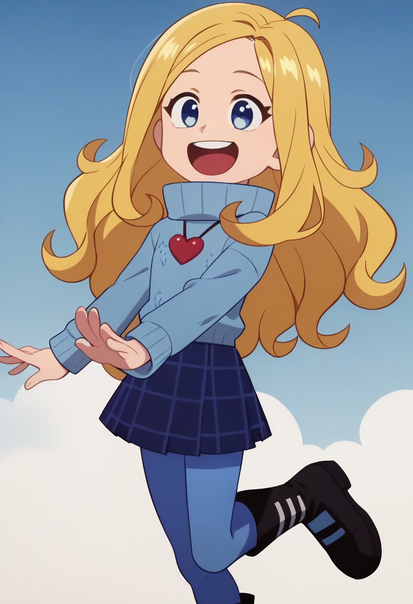 score_9, score_8_and_up, score_7_and_up, source_cartoon, cute, official style, anime screencap, 1girl, solo, sophiana 1girl, blonde hair, blue sweater with long sleeves, navy skirt, plaid skirt, blue pantyhose, black boots, happy