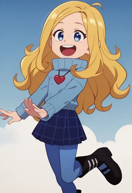 score_9, score_8_and_up, score_7_and_up, source_cartoon, cute, official style, anime screencap, 1girl, solo, sophiana 1girl, blonde hair, blue sweater with long sleeves, navy skirt, plaid skirt, blue pantyhose, black boots, happy