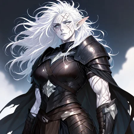 masterpiece, best quality, newest, absurdres, highres, FCOMV1.0, 1girl, pale, white skin, colored skin, pale skin, elf, pointy ears, muscular woman, armor, cape, leather armor, scar, scars on face, white hair, long hair, messy hair,