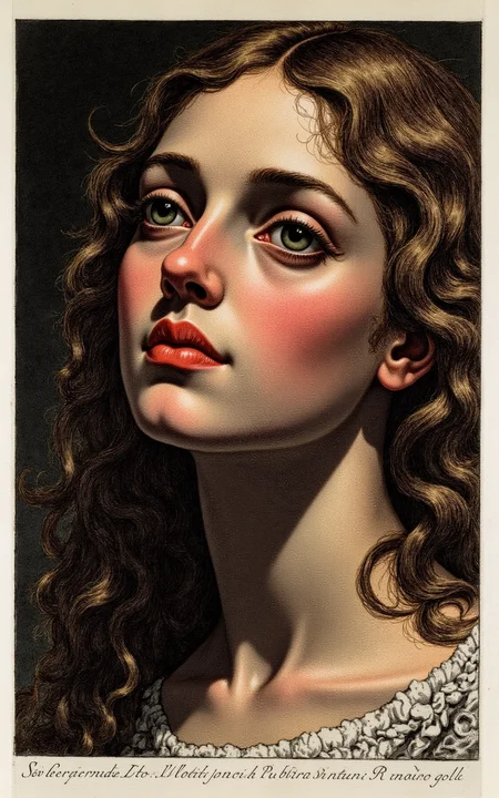 YFG-Pira, A detailed close-up portrait of a woman with long, curly brown hair and a gentle, melancholic expression, rendered in the style of Giovanni Battista Piranesi's etchings, with deep, velvety shadows and fine, cross-hatched lines that evoke a sense of worn, antique paper, her skin with a warm, golden undertone and subtle texture as if drawn from a 18th century print.