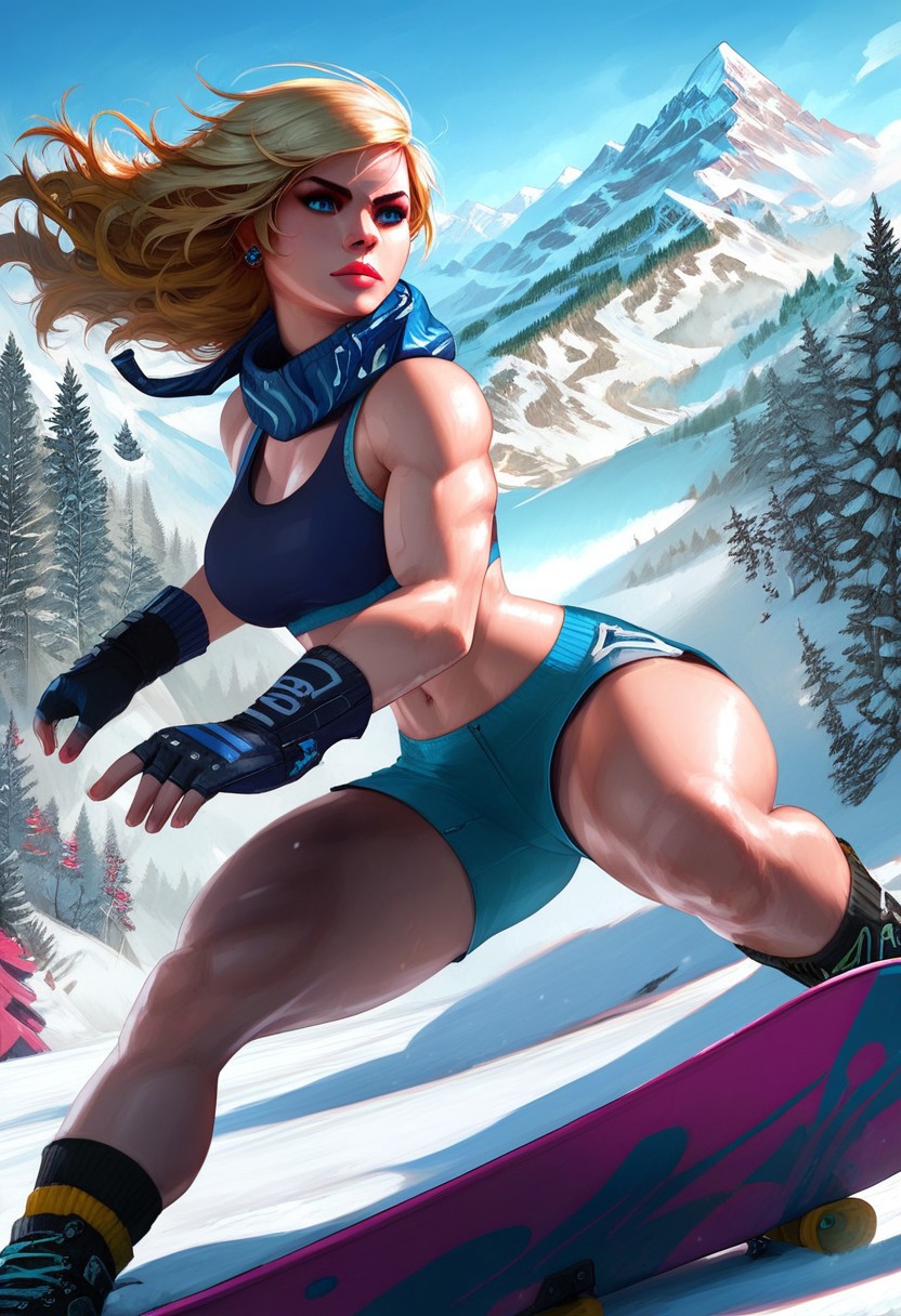 score_9, score_8_up, score_7_up, 1girl, SSX3,
Elise_Riggs, thick thighs, 
Sports Bra, snowboard, 
Action Pose, Snow, Mountain,