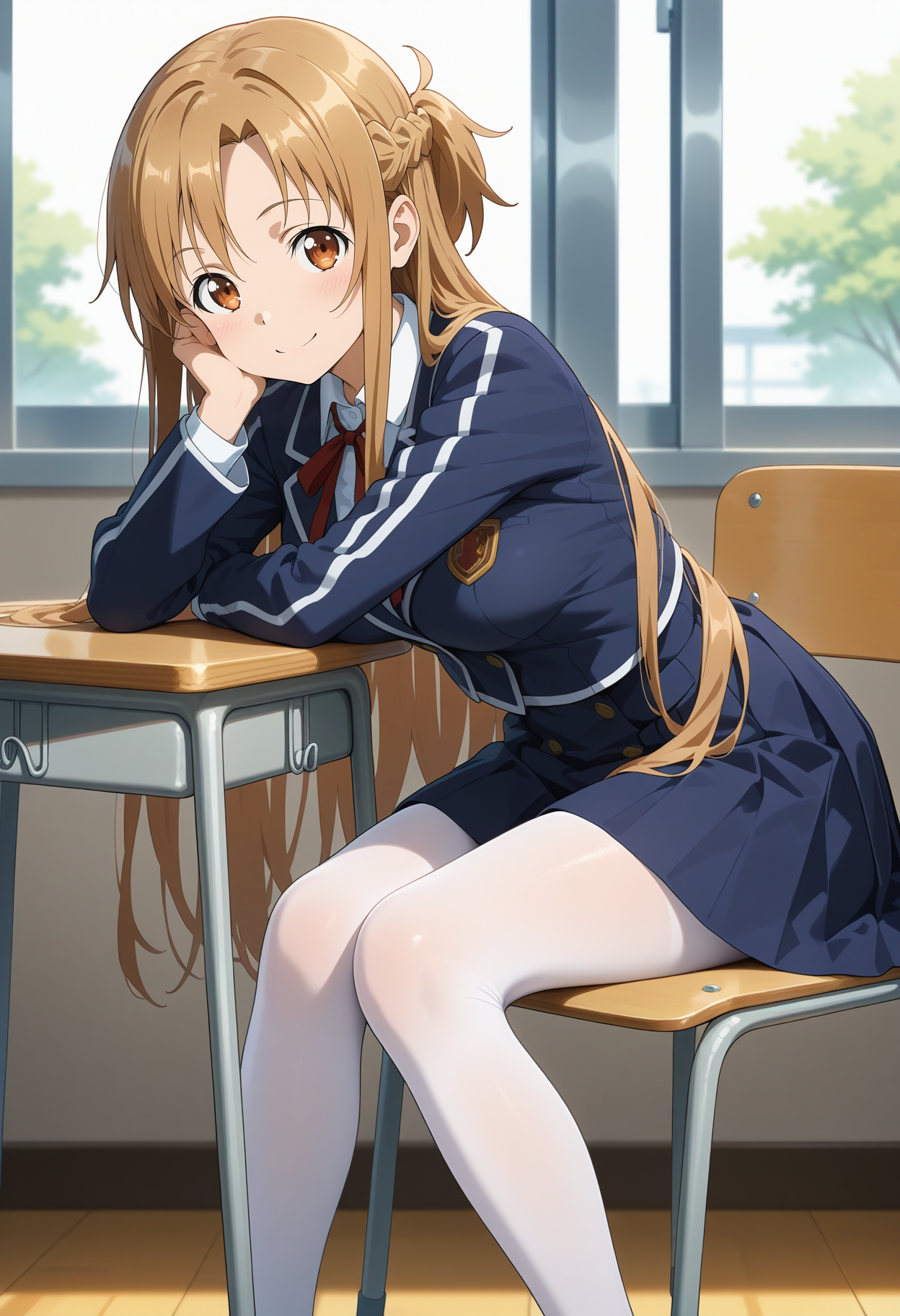 best quality, good quality, amazing quality, very aesthetic, absurdres, masterpiece, 1girl, aaasuna, long hair, brown hair, braid, brown eyes, medium breasts, school uniform, neck ribbon, collared shirt, blue jacket, long sleeves, blue skirt, white pantyhose, <lora:yuuki_asuna_ilxl_v1:0.9>, arm rest, hand on own cheek, sitting, desk, smile, classroom, on chair,