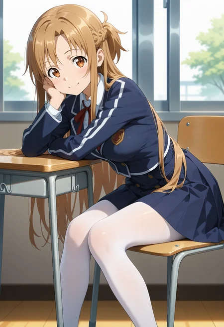 best quality, good quality, amazing quality, very aesthetic, absurdres, masterpiece, 1girl, aaasuna, long hair, brown hair, braid, brown eyes, medium breasts, school uniform, neck ribbon, collared shirt, blue jacket, long sleeves, blue skirt, white pantyhose, <lora:yuuki_asuna_ilxl_v1:0.9>, arm rest, hand on own cheek, sitting, desk, smile, classroom, on chair,