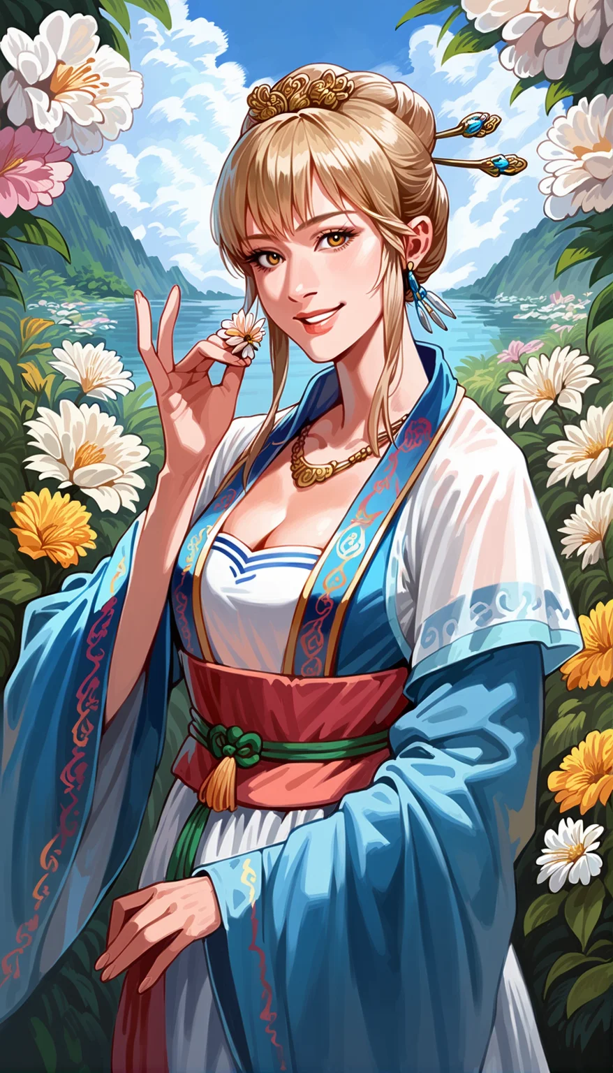 score_9,score_8_up,score_7_up,
<lora:wangyuanji:0.8>,
wangyuanji,
1girl,solo,blonde hair,bangs,updo,hairpin,yellow eyes,looking at viewer,smile,parted lips,
(informal costume:1.1),necklace,long silk skirt,
portrait,
outdoors,flowers,