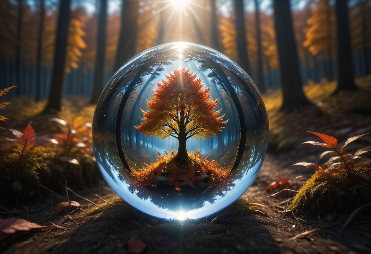 Crystal ball containing a forest ablaze with autumn colors, 
under a pristine blue sky, 
mysterious ambiance, 
capturing the essence of fall, 
sharp reflections, 
perfect clarity, 
dramatic lighting, 
ultra clear., 
Mysterious