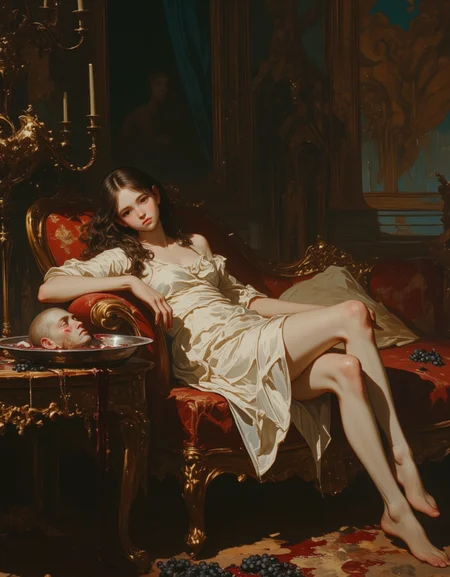 A rococo painting. A girl sits reclining on a plush sofa in a dimly lit room. On a table beside her is a silver tray with a man's fresh head on it. The silver tray is stained with blood. The girl is clad in light silk. The girl looks bored. The girl is innocent yet seductive. A bunch of grapes are also randomly placed on the table. lyh_niji. Opulence, decadence. <lora:FLUX-daubrez-DB4RZ-v2:0.4> DB4RZ, Exquisite composition, Exquisite detail