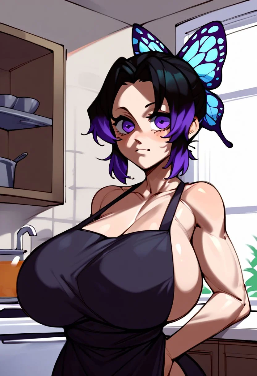 score_9, score_8_up, score_7_up, score_6_up, flat colors, source_cartoon, @bulumblebee, bulumble-bee \(Artist\), bulumblebee \(Artist\), 1girl, ((portrait shot, upper body)), solo, kochou shinobu (Demon Slayer), butterfly hair ornament, looking at viewer, purple eyes, huge breasts, black hair, purple highlights, short hair, parted bangs, black apron:1.4, background: indoors, kitchen with stainless steel appliances,