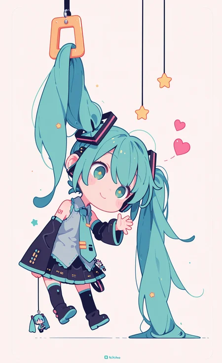 masterpiece,best quality,amazing quality, hatsune miku, 1girl, solo, long hair, skirt, thighhighs, very long hair, twintails, green eyes, heart, boots, necktie, detached sleeves, green hair, star \(symbol\), chibi, aqua hair, thigh boots, waving, keychain, hanging, haiz_ai, in the style of cknc,
Flatline, Flat vector illustration <lora:ponyv6_noobE11_2_adamW-000017:0.3> <lora:checkpoint-e18_s306:1.5> <lora:ck-nc-cyberpunk-IL-000011:0.6> <lora:haiz_ai_illu:0.7>
