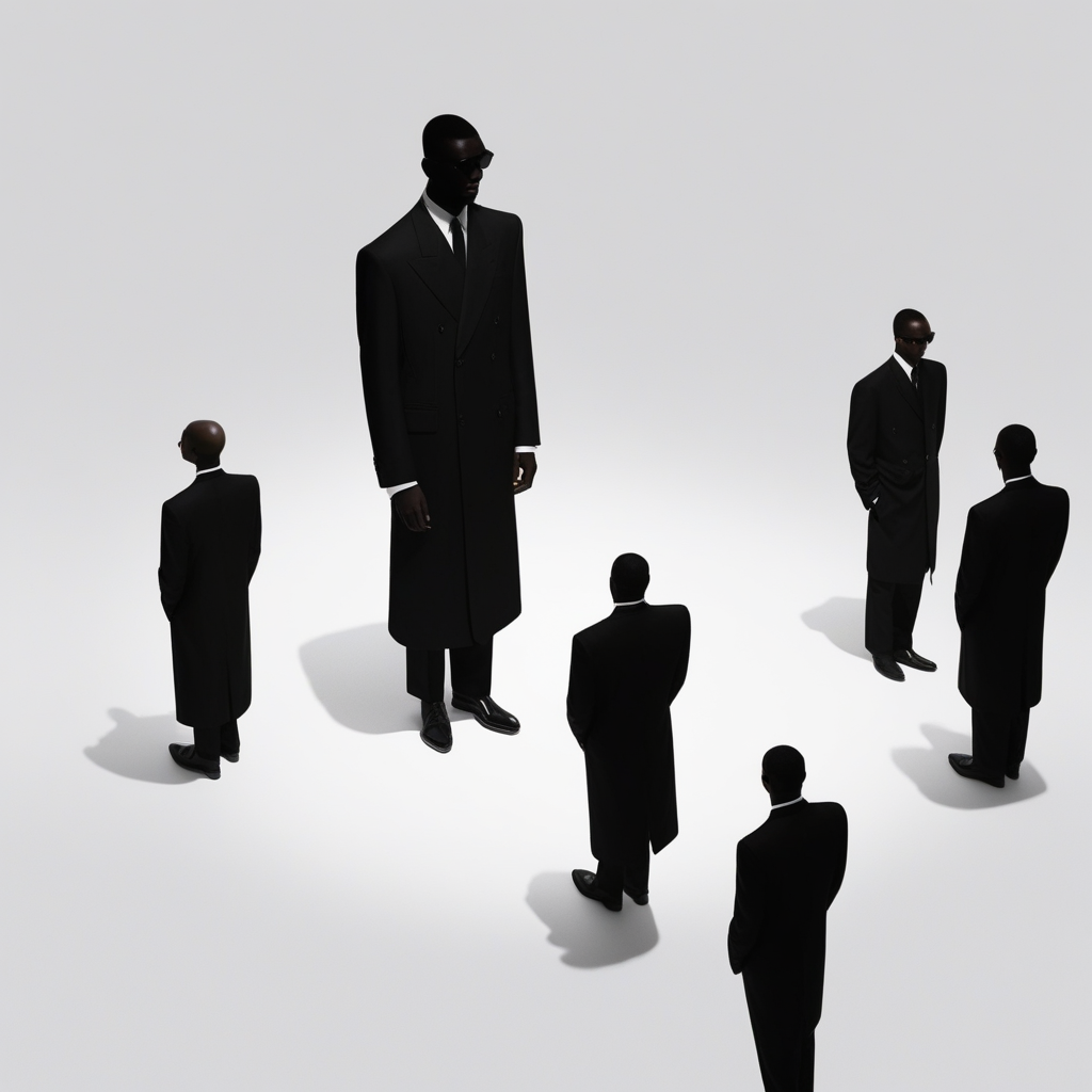 aaAR7fl, masterpiece, highres, best quality, aesthetic, intriguing details, minimalism, fashion campaign, elegant, 1boy, standing, faceless, blackskin, long coat, colourful shadow, from above, sunglasses, 3 other people standing at back in silhouette, black business suits,white cuff,black shoes, necklace, black skin, white background,simple background,full shot, halftone