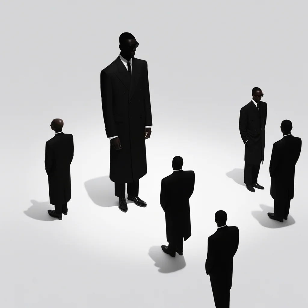 aaAR7fl, masterpiece, highres, best quality, aesthetic, intriguing details, minimalism, fashion campaign, elegant, 1boy, standing, faceless, blackskin, long coat, colourful shadow, from above, sunglasses, 3 other people standing at back in silhouette, black business suits,white cuff,black shoes, necklace, black skin, white background,simple background,full shot, halftone