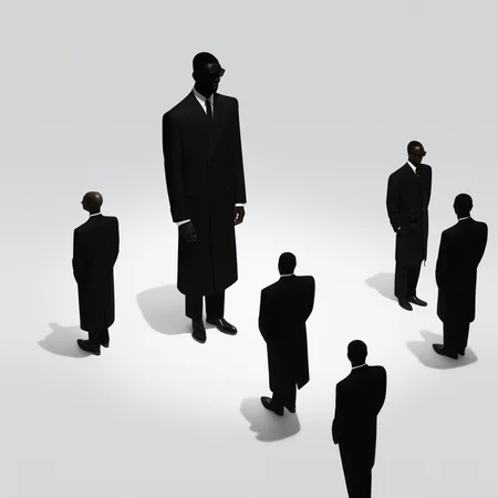 aaAR7fl, masterpiece, highres, best quality, aesthetic, intriguing details, minimalism, fashion campaign, elegant, 1boy, standing, faceless, blackskin, long coat, colourful shadow, from above, sunglasses, 3 other people standing at back in silhouette, black business suits,white cuff,black shoes, necklace, black skin, white background,simple background,full shot, halftone