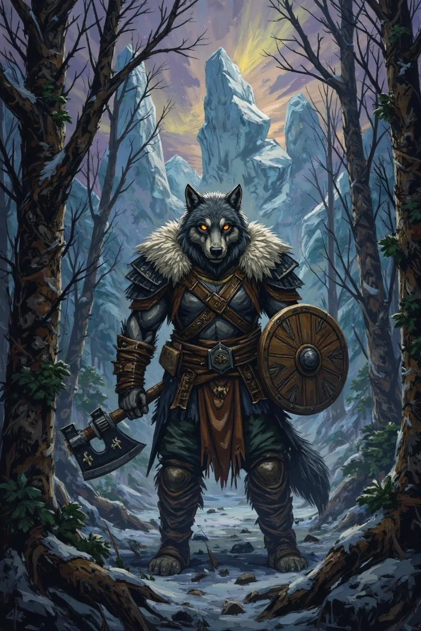 <lora:ck-Ivan-Beslic-Art-Style-000019.safetensors:1> A highly detailed and vibrant digital painting in the style of ck-ib
In the heart of an ancient Arctic forest, shrouded in a mist that whispers secrets of the past, stands a mighty warrior. This anthropomorphic war-wolf, with fur as thick as the frost and eyes burning like the northern lights, commands the scene. His muscles ripple beneath a coat of rugged leather armor, frayed and worn from countless battles, and lined with the soft, white fur of the tundra. In his right paw, he clutches a massive, double-headed axe, its blade gleaming with a cold, metallic sheen. His left paw holds a round wooden shield, etched with symbols of ancient protection.
The forest around him is a tapestry of bare, twisted trees, their branches reaching out like skeletal fingers, entwined with the mist that clings to the ground. The earthy tones of greens and browns, interwoven with hints of grey, create a sense of age and mystery. The lighting is soft and diffused, casting a mystical glow that enhances the eerie atmosphere. The air is thick with the scent of pine and the faint, distant calls of unseen creatures.
In the background, towering ice formations loom, their surfaces smooth and crackled, reflecting the pale, surreal light. The sky above is a deep, bruised purple, punctuated by the occasional burst of aurora, adding a touch of divine otherworldliness. The war-wolf stands at the center, a symbol of strength and resilience, his presence a testament to the enduring spirit of the Arctic.
The forest itself seems to pulse with a hidden life, each detail meticulously rendered with a blend of realism and the fantastical. The contrast between the vivid, glowing eyes of the war-wolf and the muted, darker hues of the forest creates a dynamic tension, drawing the viewer into a world where the boundaries between the natural and the supernatural blur.
