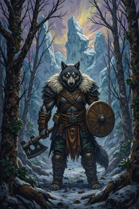 <lora:ck-Ivan-Beslic-Art-Style-000019.safetensors:1> A highly detailed and vibrant digital painting in the style of ck-ib
In the heart of an ancient Arctic forest, shrouded in a mist that whispers secrets of the past, stands a mighty warrior. This anthropomorphic war-wolf, with fur as thick as the frost and eyes burning like the northern lights, commands the scene. His muscles ripple beneath a coat of rugged leather armor, frayed and worn from countless battles, and lined with the soft, white fur of the tundra. In his right paw, he clutches a massive, double-headed axe, its blade gleaming with a cold, metallic sheen. His left paw holds a round wooden shield, etched with symbols of ancient protection.
The forest around him is a tapestry of bare, twisted trees, their branches reaching out like skeletal fingers, entwined with the mist that clings to the ground. The earthy tones of greens and browns, interwoven with hints of grey, create a sense of age and mystery. The lighting is soft and diffused, casting a mystical glow that enhances the eerie atmosphere. The air is thick with the scent of pine and the faint, distant calls of unseen creatures.
In the background, towering ice formations loom, their surfaces smooth and crackled, reflecting the pale, surreal light. The sky above is a deep, bruised purple, punctuated by the occasional burst of aurora, adding a touch of divine otherworldliness. The war-wolf stands at the center, a symbol of strength and resilience, his presence a testament to the enduring spirit of the Arctic.
The forest itself seems to pulse with a hidden life, each detail meticulously rendered with a blend of realism and the fantastical. The contrast between the vivid, glowing eyes of the war-wolf and the muted, darker hues of the forest creates a dynamic tension, drawing the viewer into a world where the boundaries between the natural and the supernatural blur.