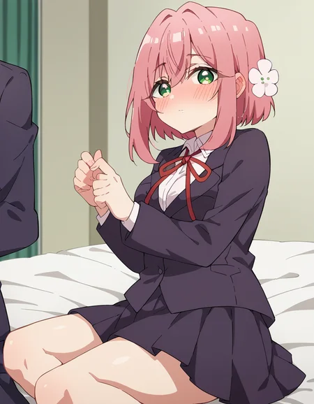 score_9, score_8_up, score_7_up, source_anime,
hakarihanazono, <lora:hakari-hanazono-s1-ponyxl-lora-nochekaiser:1>,
hakari hanazono, short hair, hair ornament, green eyes, pink hair, flower, hair flower, hair between eyes, sidelocks,
skirt, shirt, ribbon, school uniform, blazer, white shirt, pleated skirt, collared shirt, black skirt, red ribbon, neck ribbon,
indoors, bed, bed room, on side, blush, drunk,
looking at viewer, dutch angle, cowboy shot,