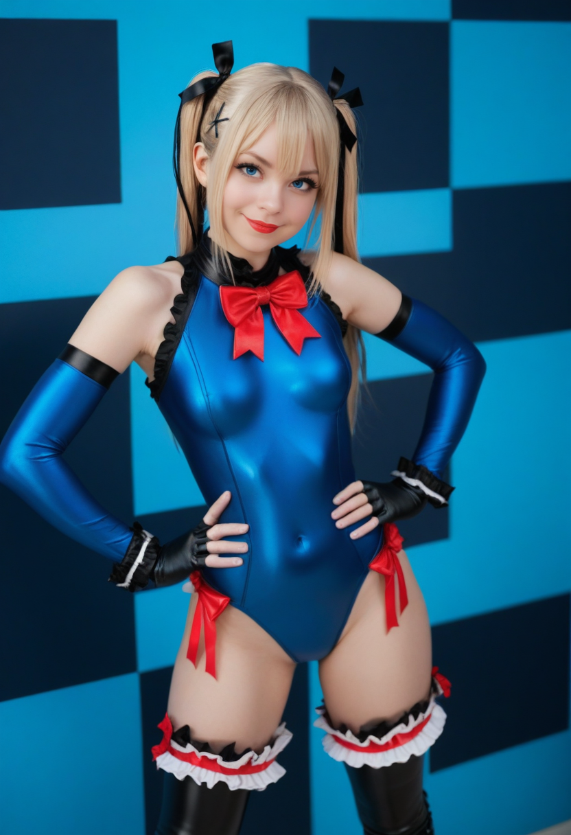 score_9, score_8_up, score_7_up, score_6_up, score_5_up, score_4_up, realistic
marie rose, 1girl, swimsuit, blue one-piece swimsuit, blonde hair, one-piece swimsuit, solo, blue eyes, twintails, thighhighs, frilled swimsuit, long hair, detached sleeves, ribbon, gloves, breasts, blue thighhighs, hand on hip, black ribbon, hair ribbon, frills, highleg swimsuit, frilled thighhighs, lips, blue sleeves, small breasts, highleg, looking at viewer, bare shoulders, bow, pointing, medium breasts, x hair ornament, standing, pointing at viewer, smile, bangs, hair ornament, covered navel, nose, elbow gloves, lipstick, skin tight, black gloves, boots, fingerless gloves, makeup, bowtie, red bow, contrapposto, head tilt, patterned background