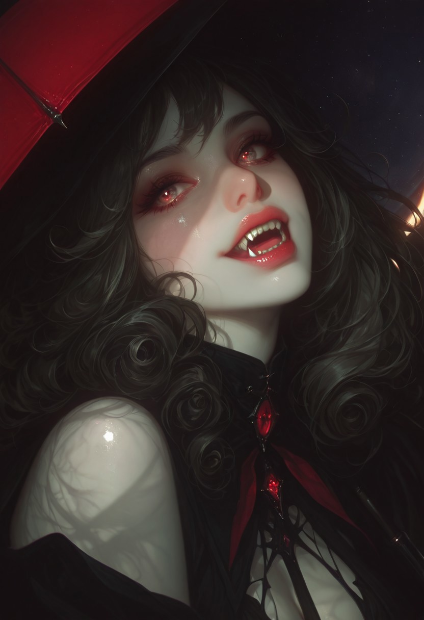 7481llu,masterpiece, best quality, 1girl, closeup, vampire,  2Fangs, The lips are slightly parted, revealing sharp, gleaming white fangs. perfect teeth, white skin, red umbrella, black hole background, swirling event horizon, glowing accretion disks, distant stars, dark tones, muted colors, sharp contrasts, hyper-realistic, detailed textures, cinematic feel, dark fantasy, cosmic aesthetics, calm expression, elegant outfit, subtle textures, dramatic lighting, highres.