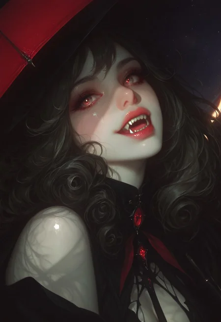 7481llu,masterpiece, best quality, 1girl, closeup, vampire,  2Fangs, The lips are slightly parted, revealing sharp, gleaming white fangs. perfect teeth, white skin, red umbrella, black hole background, swirling event horizon, glowing accretion disks, distant stars, dark tones, muted colors, sharp contrasts, hyper-realistic, detailed textures, cinematic feel, dark fantasy, cosmic aesthetics, calm expression, elegant outfit, subtle textures, dramatic lighting, highres.