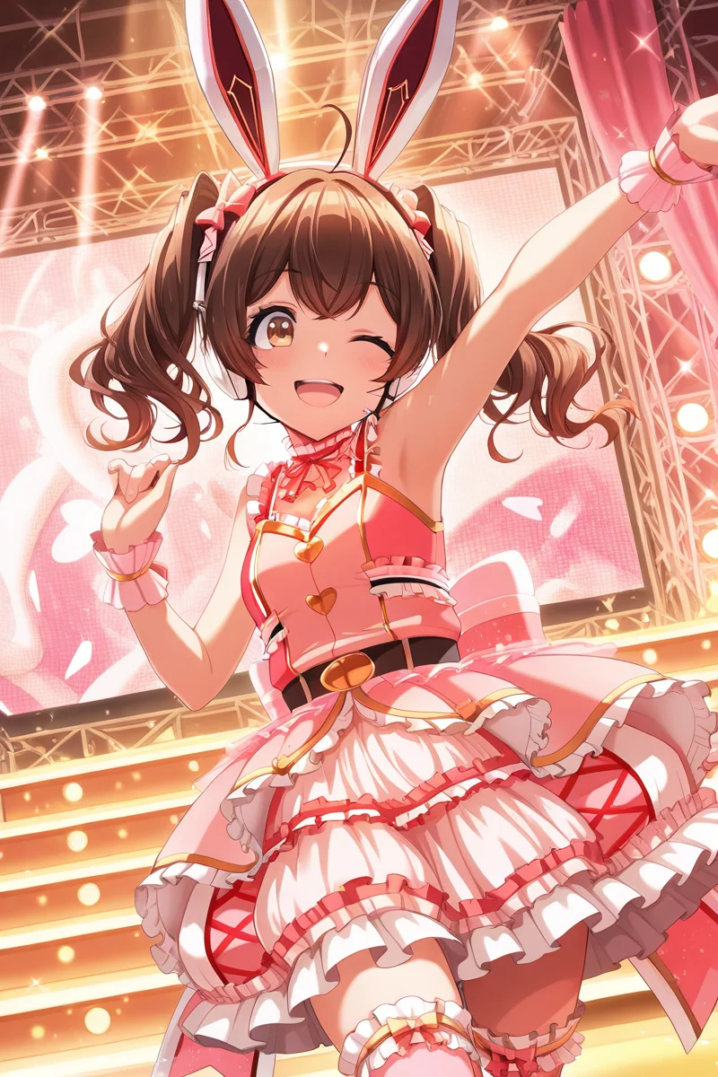masterpiece, best quality, amazing quality,
 <lora:Muni_IL:1> muni, 1girl, solo, one eye closed, animal ears, rabbit ears, twintails, brown hair, smile, fake animal ears, dress, stage, open mouth, frills, idol, sleeveless, pink dress, thighhighs, brown eyes, stage outfit,