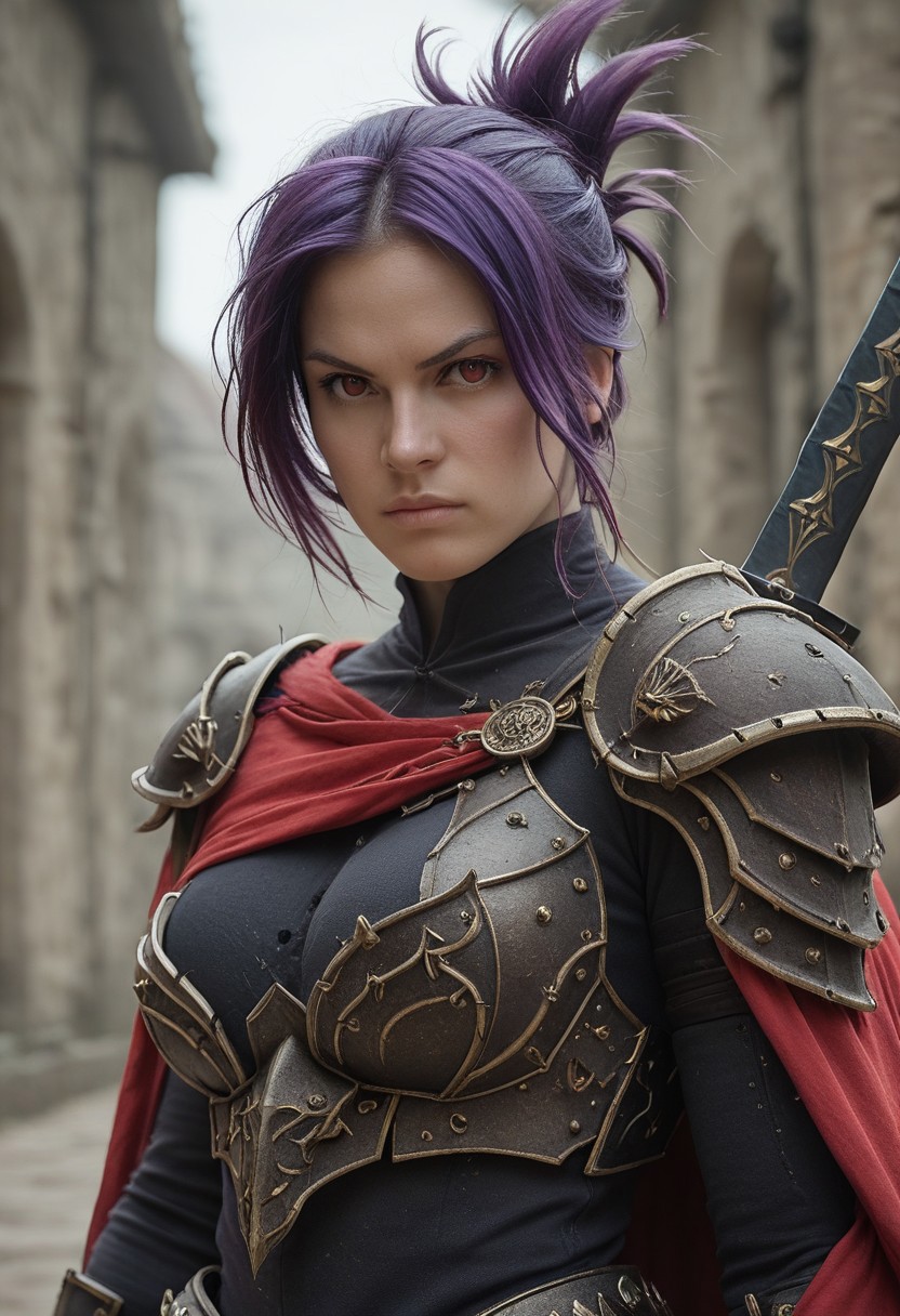 best quality, masterpiece, sfw,
n0m0, Fantasy Photoshoot,
close-up shot, view from aside,
solo, holding sword, dynamic fighting pose,
1girl, 
sabia, human, purple hair, red eyes, folded ponytail,
armor, single shoulder armor, cape, single bare shoulder, clothed,
large breasts,  
looking at viewer, closed mouth,