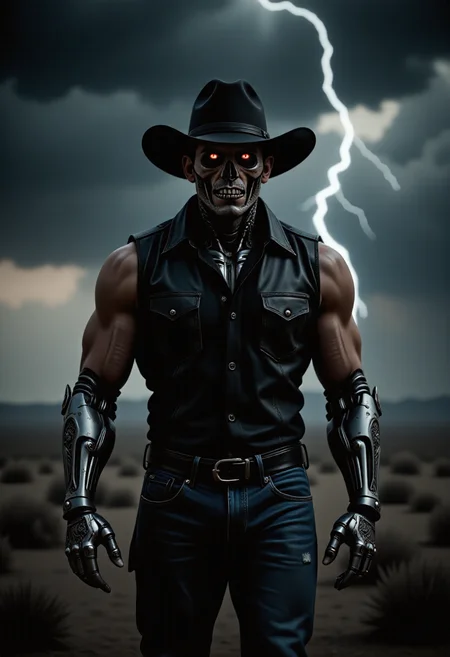 A muscular westernpunk man stands tall, his imposing physique a testament to his unyielding resolve. The lower half of his face is a dark, robotic metallic, resembling a creepy skeleton, while the upper half is a humanistic flesh of a grizzled, masculine man. His eyes glow with a dim, mechanical red light, like embers from a dying fire, as he walks through a desolate landscape. The sky above is a deep, foreboding grey, with dark, ominous clouds that seem to swirl with a life of their own. Lightning slashes across the sky, casting an eerie glow over the scene. A heavy, impenetrable mist obscures most of the background, shrouding the world in mystery. He wears a wide-brimmed, black straw cowboy hat, its edges tattered and worn from countless battles against the elements. A black, sleeveless leather vest is cinched over a black shirt, adorned with intricate, silver-thread embroidery that shimmers in the faint light. Classic Levi's 501 jeans cling to his muscular legs, accentuating the mechanical arms that have become a part of him. The mechanical arms themselves are a testament to his resilience, with intricate designs that resemble tribal tattoos etched into the metal. The menacing, sharp-toothed mouth of his skeletal jaw is a grim reminder of the dangers that lurk in this unforgiving world. The air is heavy with the scent of smoke and ozone, the atmosphere thick with tension. The mood is one of foreboding, a sense of impending doom that seems to hang over the scene like a specter of death. <lora:flux/aidmaImageUpgrader-FLUX-V0.2:1>, aidmaimageupgrader, realistic, <lora:flux/The beauty of realism (FLUX):1>, realism, chiaroscuro, cinematic quality, rays of light, play of shadow and light,