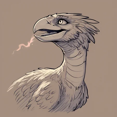 Terror Bird, pencil sketch, ancient runes, magic, mystical, breathing fire, open mouth, <lora:Terror_Bird_Ark_Pony-000007:0.8>, <lora:grimoire_noir:1>