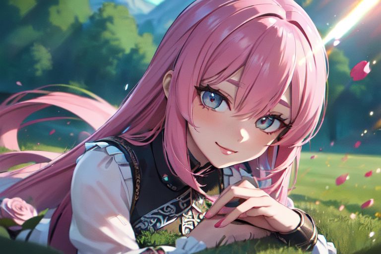 (masterpiece:1.4), 4K8K, (anime style), (high shutterspeed:1.4), (sharp edges), 
SyFyEye1, FanFo, 
1woman  hands togather,  leaning foward, face focus, smile, closed mouth, 
wearing Celtic style dress, (Detailed face, Detailed eyes, Detailed lips), (solo), 
pink hair, any colored roses, Fantastic, grass firld, lakeside,