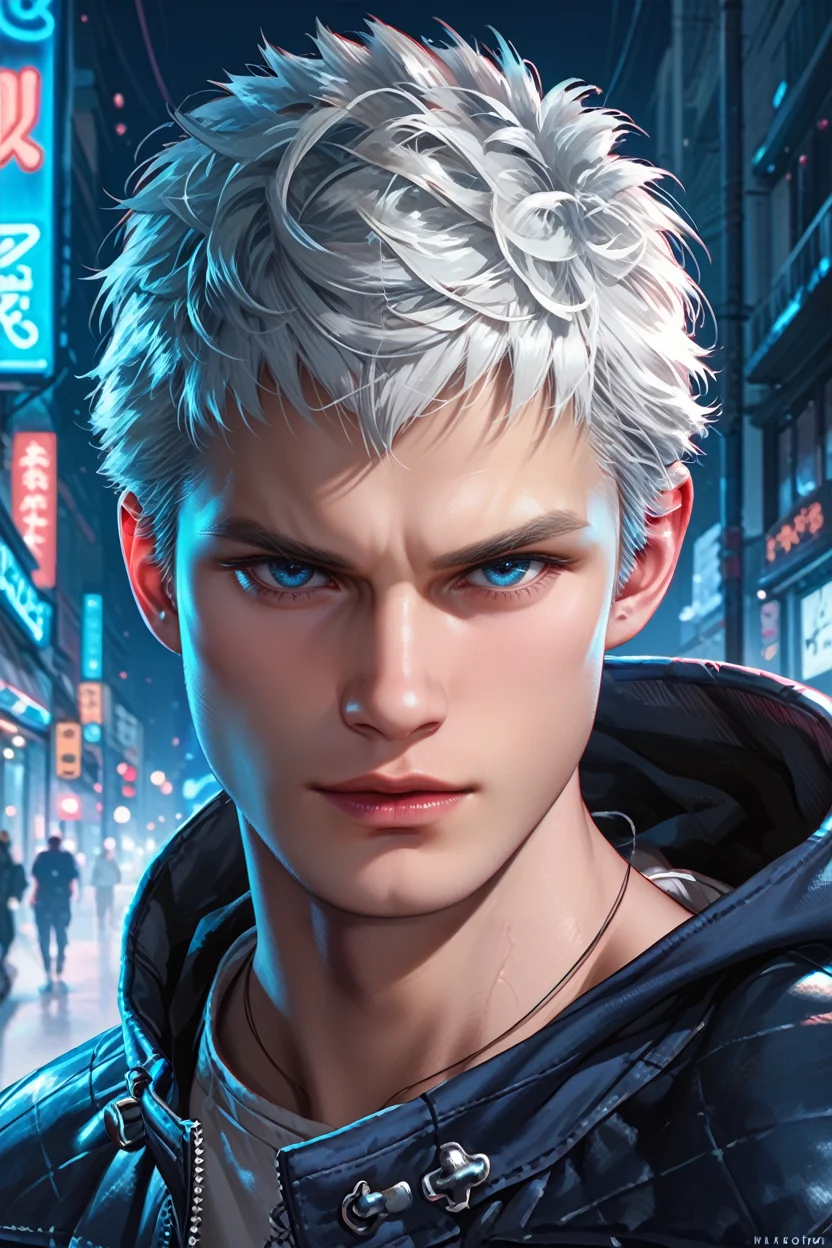 score_9, score_8_up, score_7_up, score_6_up
<lora:DMC5Nero:1.0>
DMC5Nero, 1boy, white hair, short hair, blue eyes, looking at viewer, in a sleek modern suit striking a pose in front of a neon-lit Tokyo street