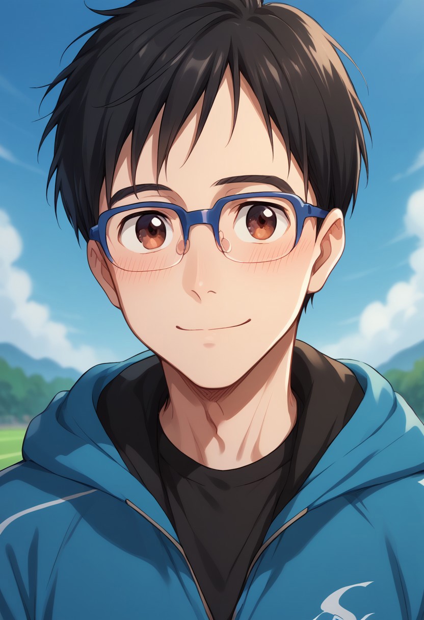 score_8_up, score_7_up, source_anime, highly detailed, 
yurikatsuki, 1boy, male focus, glasses, black hair, brown eyes, blue-framed eyewear, solo,
hood, track jacket, jacket, upper body, smile, blush
outdoor,