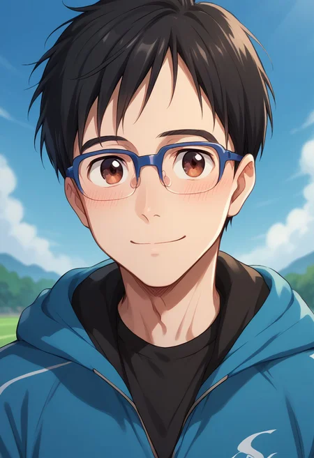 score_8_up, score_7_up, source_anime, highly detailed, 
yurikatsuki, 1boy, male focus, glasses, black hair, brown eyes, blue-framed eyewear, solo,
hood, track jacket, jacket, upper body, smile, blush
outdoor,