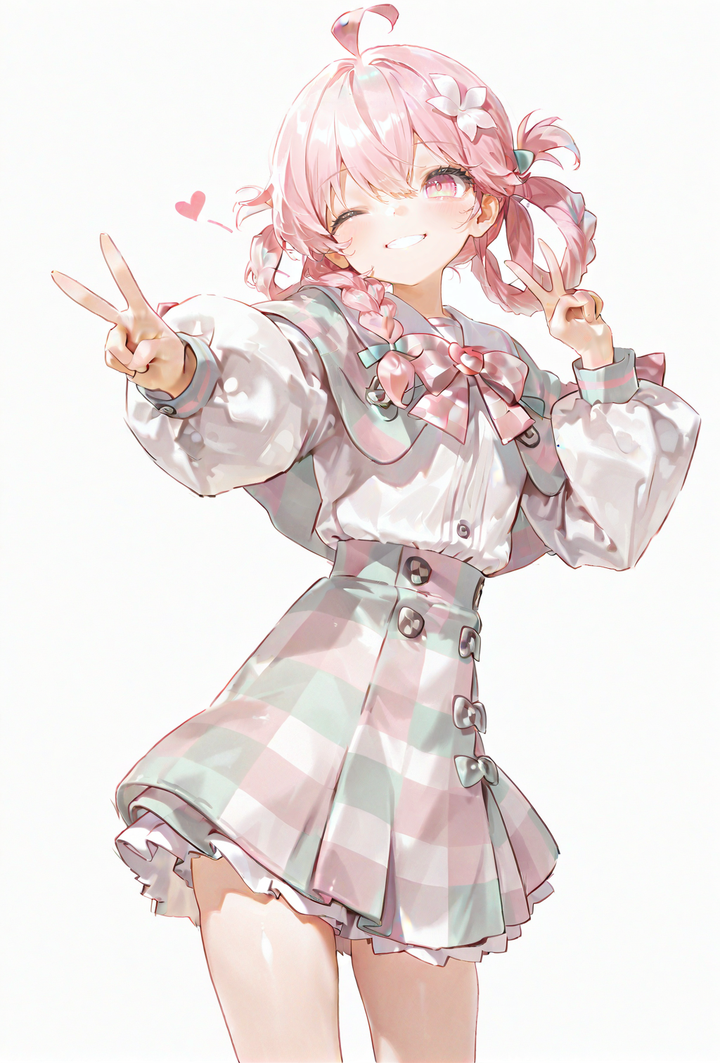 1girl, <lora:Eleven:0.8>, pink hair, light pink eyes, ahoge, braided ponytail, hair rings, ribbon, checkered clothes, checkered skirt, pastel colors, smile, v, one eye closed, (white background:1.35), masterpiece, best quality, amazing quality, very aesthetic, absurdres, newest, scenery,  <lora:deal360acv illustrious 006:0.45>, <lora:dj_sloppa_ill_v2:0.2>, <lora:nyalia:0.35>