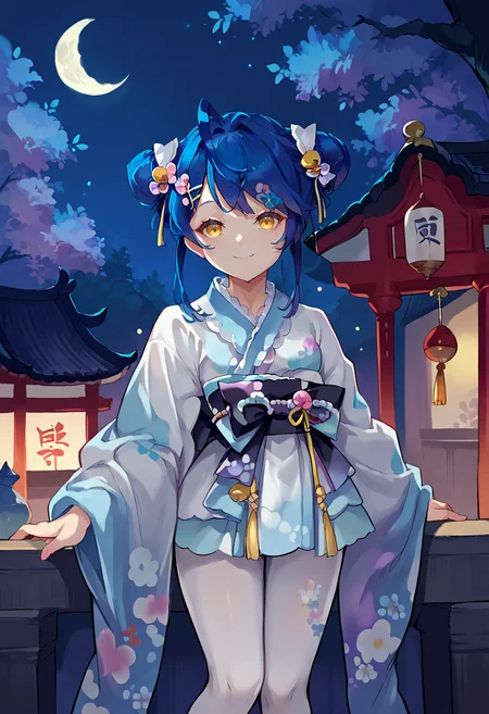 score_9, score_8_up, source_anime, 1girl, solo, KokoroYkta, yellow eyes, blue hair, twin bun, hair bun, ahoge, hair bow, hair ornament, white kimono, gradient kimono, print kimono, black sash, white pantyhose, outdoors, shrine, night, moon, smile, <lora:ChamAmamiyaKokoroPonyXL:1>