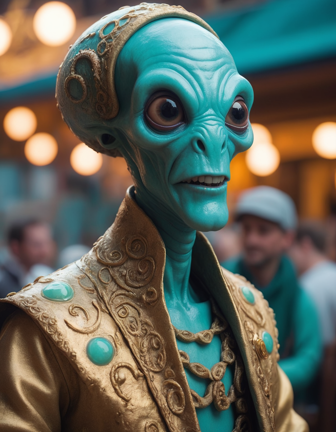 Ektachrome, Romantic, Realism, flat lighting, gilded technique, DOF, bokeh , A THICC cyan (skinned tentacled alien being wearing traditional clothing:1.3) on vacation enjoying the local party scene  at noon in Under the sea in the deep hidden city of Atlantis, extremely content happy smile