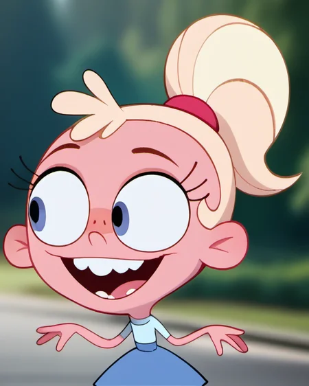 1girl, solo, stl1, official art, official  style, pink skin, open smile, big head, teeth, dress, freckles, buck teeth, ponytail, blonde hair, blurry background, parody, <lora:stl1:1>, score_9, score_8_up, score_7_up,