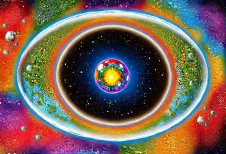 a full view of a world inside a glass bottle with an elaborately inlaid metal and gemstone lid, massive scale, different biomes, rainbow, dense vegetation, absurd res, high res, extremely detailed, space background, in the style of hieronymus bosch, circular canvas, greebles, bubbles, orb, scape, tree