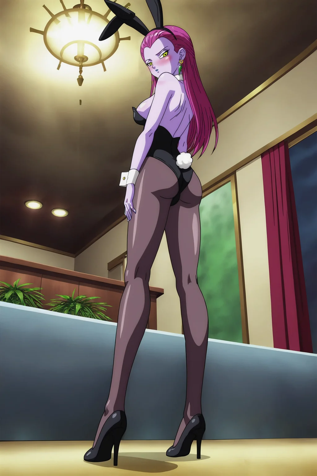 source_anime, score_9, score_8_up, score_7_up, anime screencap,
cocottedbs, high quality,
purple skin, purple hair, yellow eyes, very long hair, earrings, breasts,
sunlight,
playboy bunny, wrist cuffs, rabbit ears, rabbit tail, pantyhose, high heels, mansion, indoors, from below, looking back, blush,
<lora:cocotte_pony_v1:0.8>