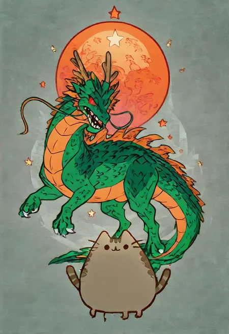 Bosstyle, Pusheen, Pusheen summoning a giant green Dragon: Capture the essence of nostalgia and color in this animated illustration. Dominating the scene is a meticulously detailed, translucent green scaled chinese dragon with burning red eyes, adorned with vibrant patterns, blending seamlessly with its surroundings. no humans, Pusheen, ((Pusheen standing next to 7 orange balls that have stars on them)), summoning, shenron, extremely long green dragon shenron, masterpiece, best quality, amazing quality,