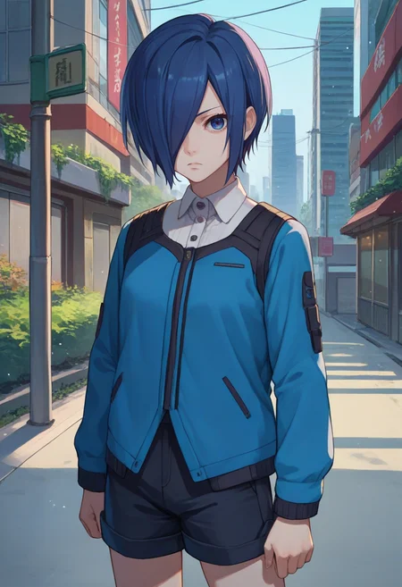 score_9, score_8_up, score_7_up, source_anime, solo, 1girl, kirishima touka, expressionless, looking at viewer, standing, blue hair, hair over one eye, blue eyes, blue jacket, long sleeves, white shirt, collared shirt, black shorts, outdoors, city street <lora:tokyoghoul_kirishima_ponyXL:1>