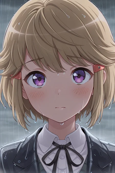 masterpiece, best quality, amazing quality,
 <lora:Ryoko_IL:1> ryoko, 1girl, solo, purple eyes, collared shirt, looking at viewer, shirt, hair ornament, neck ribbon, ribbon, closed mouth, white shirt, black ribbon, bangs, rain, short hair, sidelocks, jacket, blush, hairclip, portrait