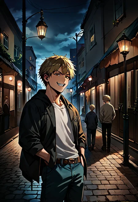 score_9, score_8_up, score_7_up, score_6_up,night, under light,1boy, denji, short hair, blond hair, brown eyes, sharp teeth, hands inside pockets, smirk, city, under street lamp, street lamp, light and shadows by reij-shdwgms,dark theme, low light,
