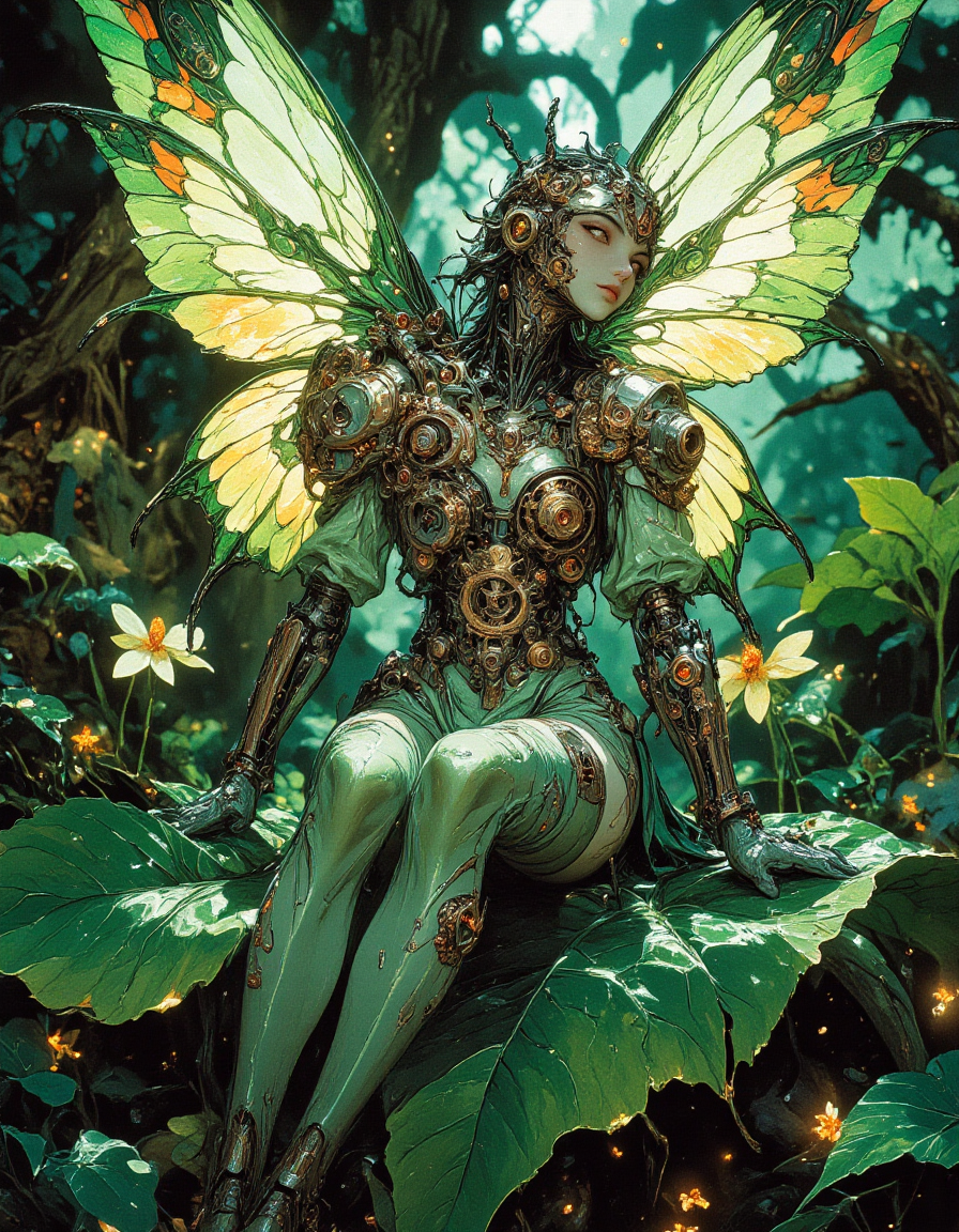 A steampunk fairy sitting on a giant leaf, with bioluminescent wings that resemble stained glass. She has a mix of organic and mechanical features, delicate green clothing, and intricate metal gears within her wings. The background is a soft-lit enchanted forest with glowing pollen particles. Semi-realistic anime style, highly detailed, fantasy aesthetics