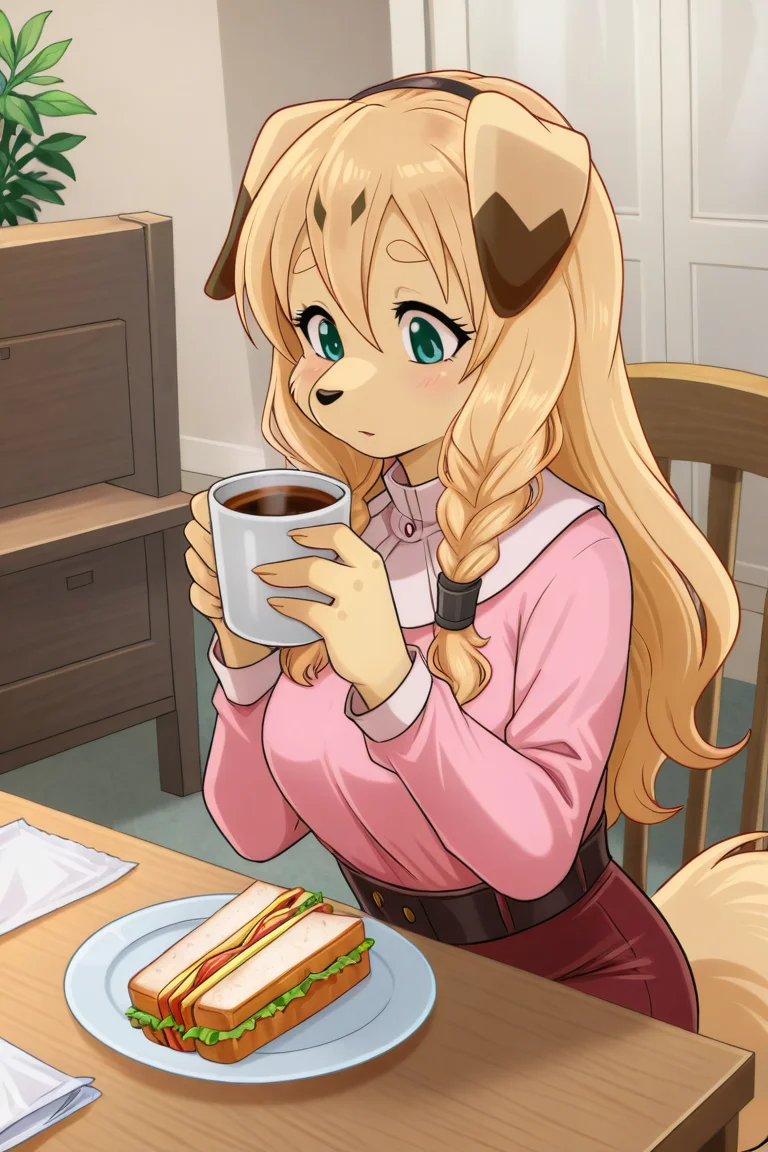 masterpiece, best quality, amazing quality, very aesthetic, high resolution, ultra-detailed, absurdres, newest, lonbluewolf BREAK 1girl, solo, El4ine, anthro, furry female, dog girl, body fur, tan fur, blonde hair, long hair, twin braids, floppy ears, yellow thick eyebrows, black nose, snout, green eyes, tail, pink shirt, red pants, sitting, on chair, drinking coffee, coffee mug, napkin, napkin holder, chairs, tables, plate on table, sandwich on plate, indoors, living room