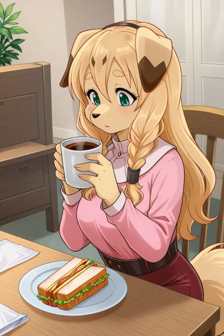 masterpiece, best quality, amazing quality, very aesthetic, high resolution, ultra-detailed, absurdres, newest, lonbluewolf BREAK 1girl, solo, El4ine, anthro, furry female, dog girl, body fur, tan fur, blonde hair, long hair, twin braids, floppy ears, yellow thick eyebrows, black nose, snout, green eyes, tail, pink shirt, red pants, sitting, on chair, drinking coffee, coffee mug, napkin, napkin holder, chairs, tables, plate on table, sandwich on plate, indoors, living room