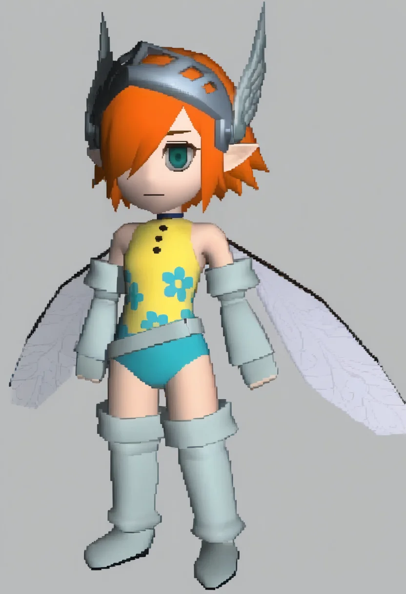 masterpiece, best quality, solo, 1girl, looking at viewer, <lora:FF7-Chibi-illus_Fp:1>, full body, simple background, 3d, chibi, <lora:GallicaMR-illu:1>, btGall, orange hair, short hair, hair over one eye, aqua eyes, visor \(armor\), wing hair ornament, pointy ears, two-tone leotard, yellow leotard, blue leotard, floral print, buttons, bare shoulders, elbow gloves, fingerless gloves, belt, fairy wings, thigh boots