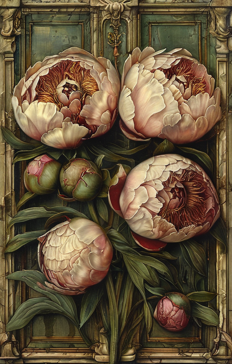 masterpiece,best quality,<lora:tbh167-sdxl:1>,illustration,style of Carlo Crivelli, decaying peonies